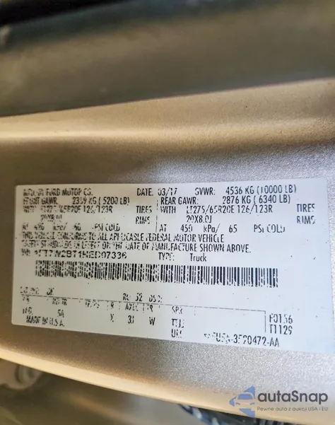 2017 Ford F250 Super Duty z USA, uszkodzony, nr VIN 1FT7W2BT1HED07336